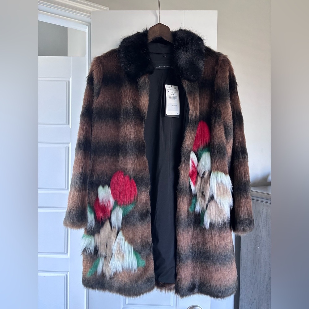 Zara multicolor Faux Fur Collar Coat $169